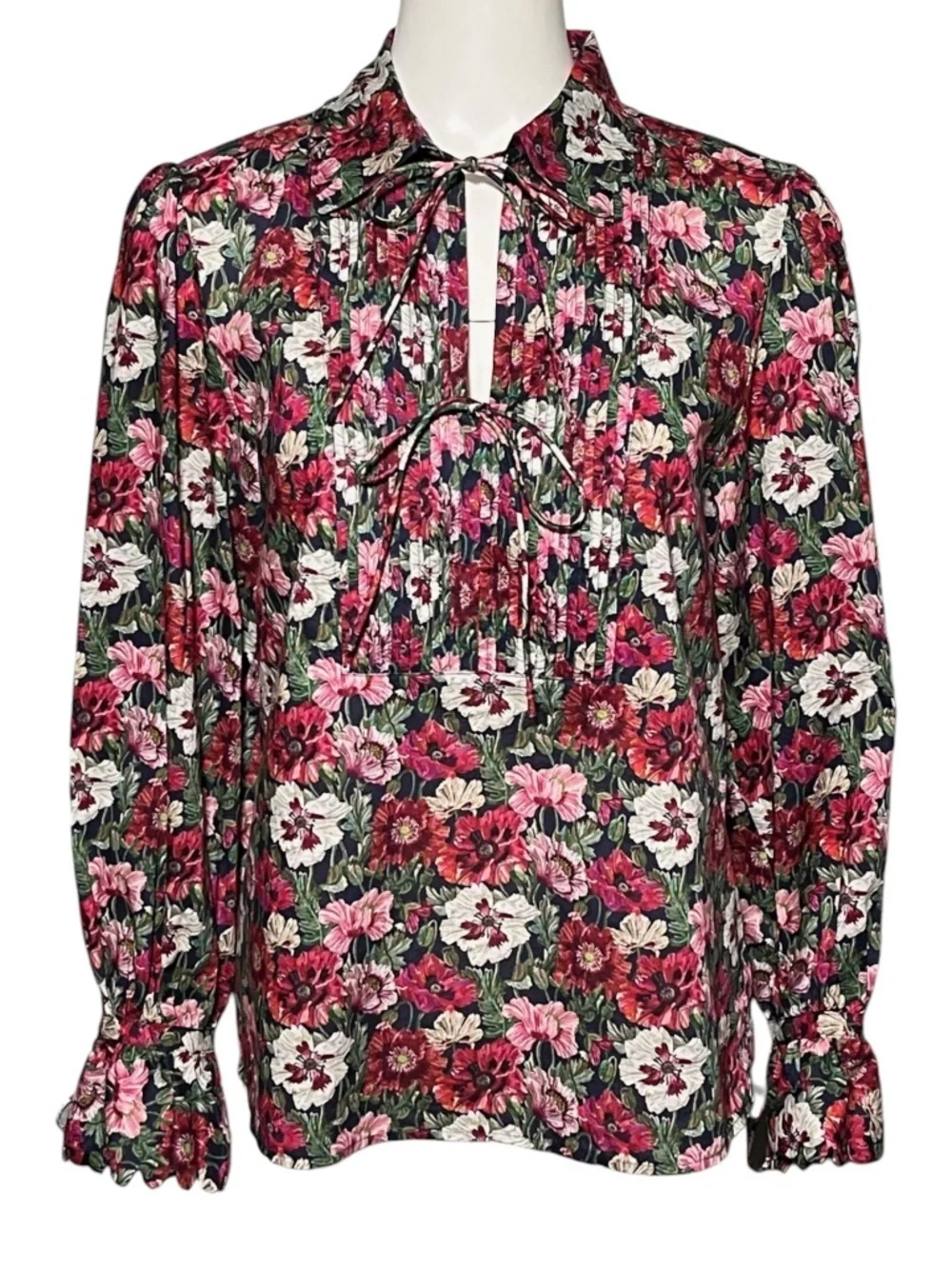 J.Crew Liberty Fabric Poppy Amelie Floral Pintuck Blouse Tie Neck Small